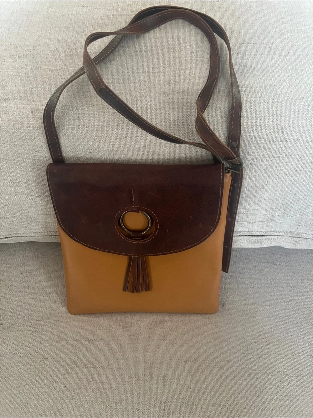 Classic Morgazl leather Crossbody made in Spain. Two-Tone Brown & Tan Leather